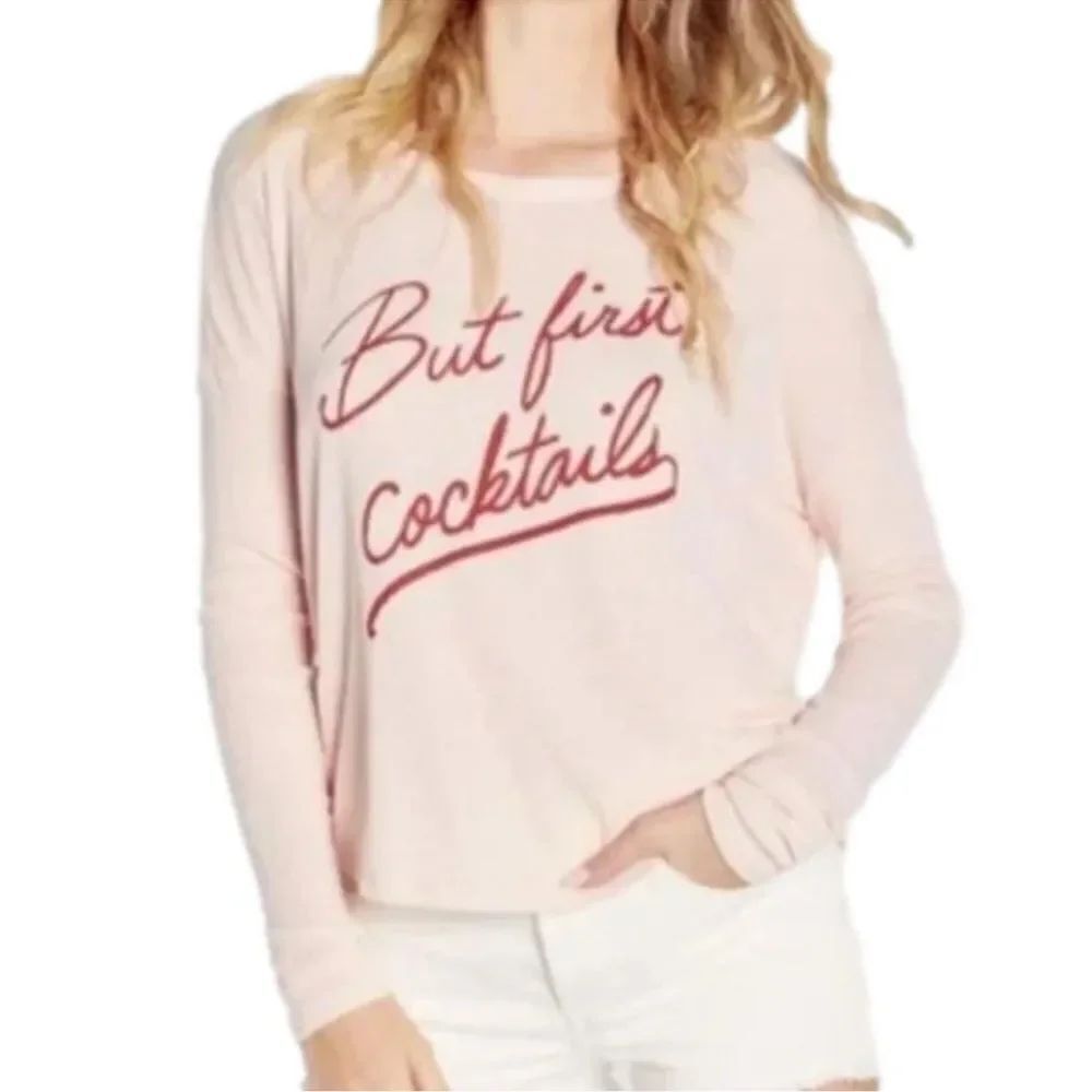 Wildfox But First Cocktails Light Pink Velvet Applique Pullover Sweatshirt